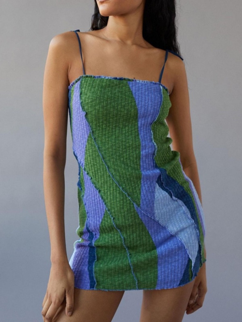 Urban Outfitters Green & Blue Ribbed Spaghetti Strap Mini Dress